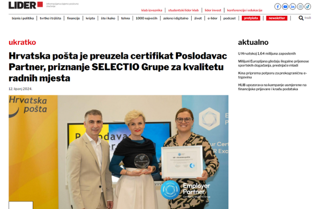 Lider: Hrvatska pošta je preuzela certifikat Poslodavac Partner, priznanje SELECTIO Grupe za kvalitetu radnih mjesta